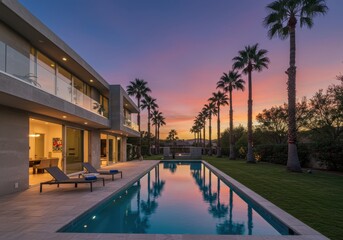 Fototapeta premium Modern house with pool and palm trees reflecting sunset colors in water