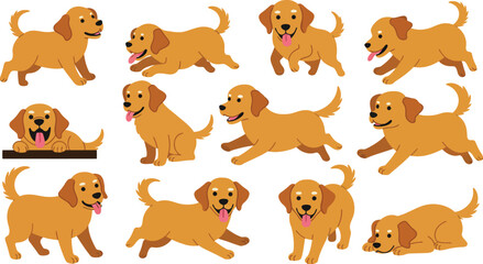 Fototapeta premium Puppy Cartoon. Happy Cartoon Dog Pattern Golden Puppies Running and Lying Down on White Background