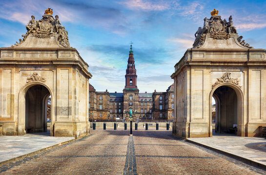 Fototapeta Copenhagen, Denmark with Christianborg palace, Danish Parliament and city downtown.