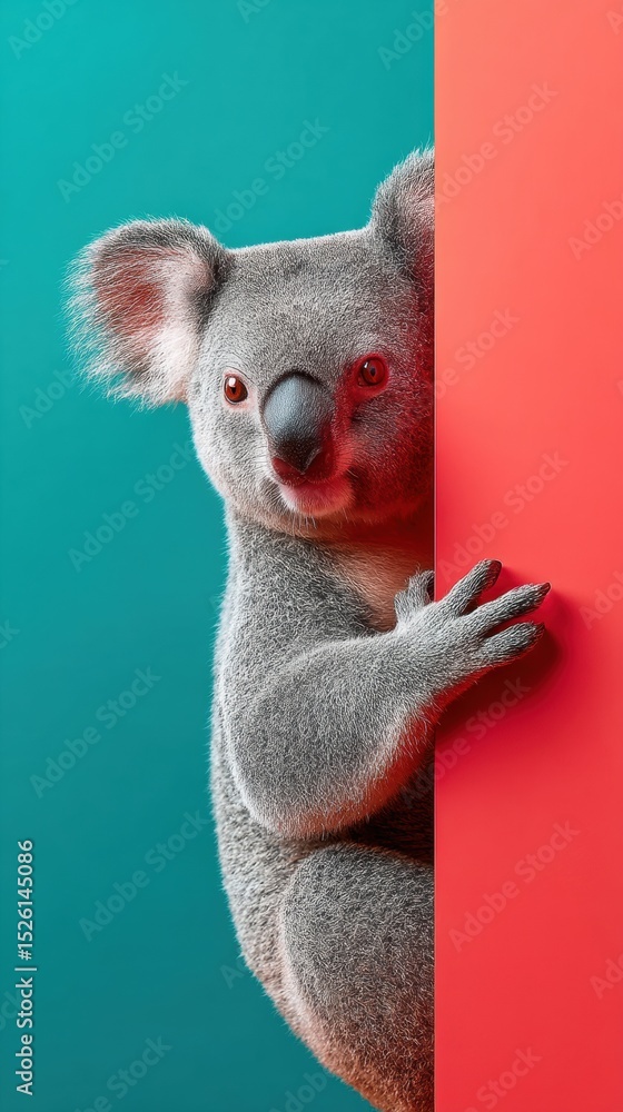 Poster curious koala clinging to tree branch with distinctive fur texture in vibrant natural habitat for wi