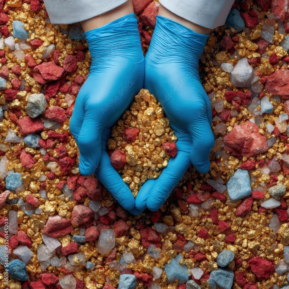 Poster Premium Gold Nuggets in Gloved Hands with Colorful Rocks Background - Mining Output and Commodity Investment Concept for Luxury and Business