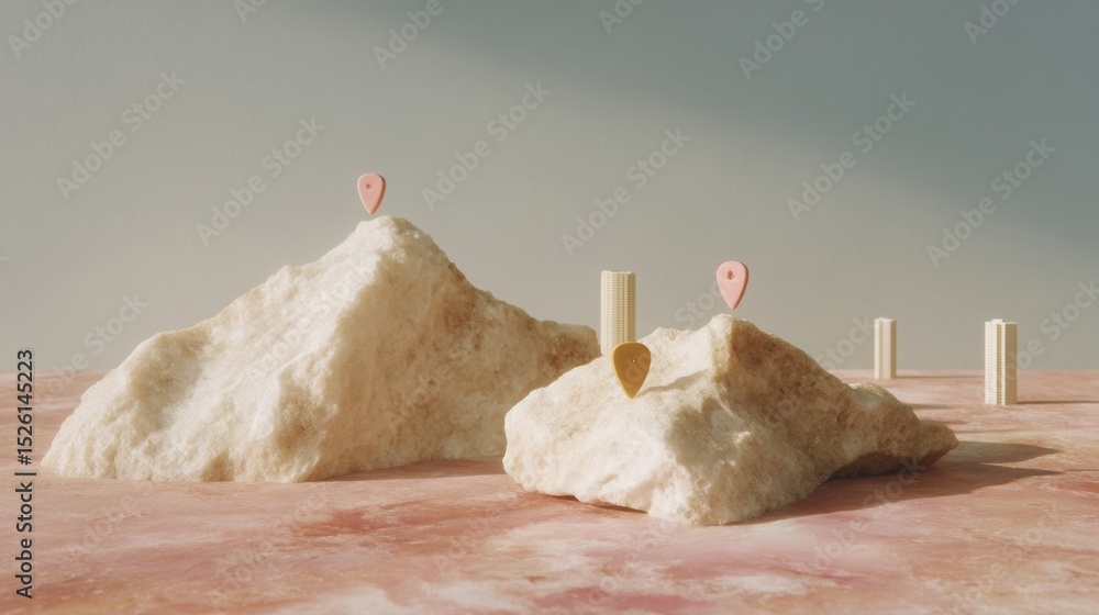 Aufkleber Minimalist Geospatial Technology with Location Pins on Textured Terrain Models for Smart City Mapping and Precision Navigation Services