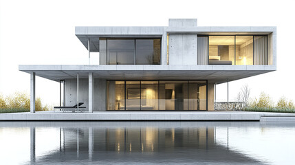 Fototapeta premium Modern concrete house with large windows and serene water reflection