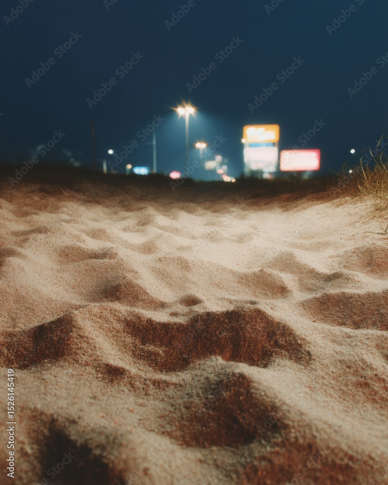 Aufkleber nighttime beach sand texture with natural ripple patterns and urban light bokeh for travel and welln