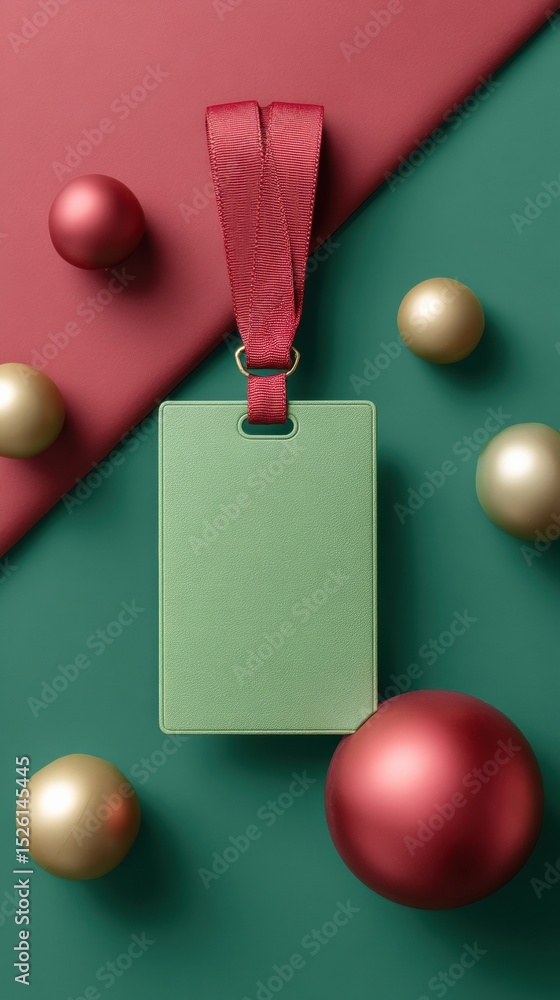 Poster minimalist corporate event pass badge with red lanyard on festive green and red background - modern 