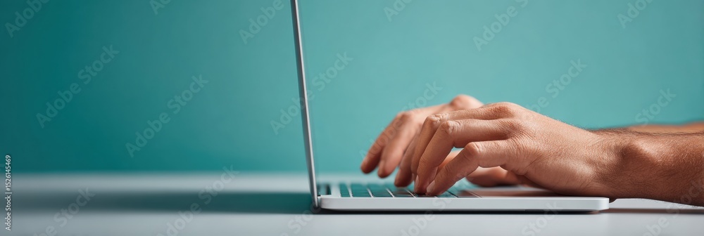 Poster Modern Digital Onboarding Concept with Hands Typing on Laptop, Electric Blue Neon Interface in Sharp Editorial Style for Seamless User Registration