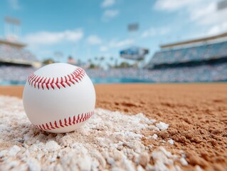 Professional Baseball First Pitch Ball on White Baseline Clay Field in Stadium - Sports Marketing and Tradition, Modern Athletic Event Visual