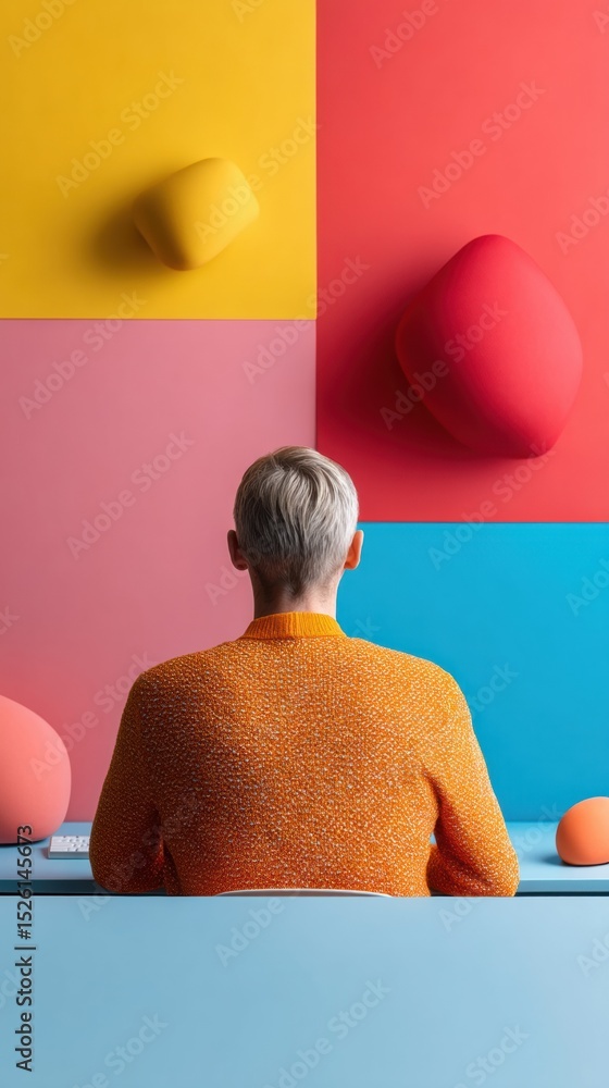 Aufkleber Modern Creative Workspace with Colorful Geometric Wall Art and Professional Reflecting on Design in Bright Minimalist Office Setting
