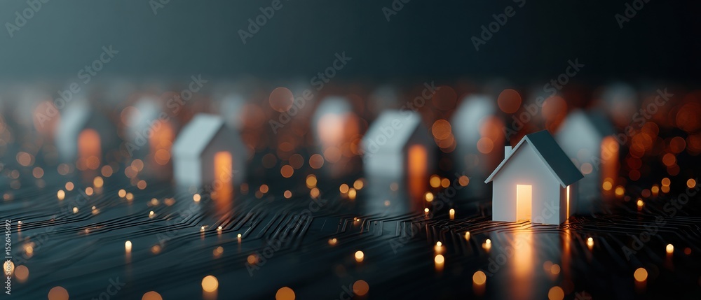 Poster Cybersecurity Grid Featuring Glowing Miniature Houses on Circuit Board with Interconnected Smart City Network for Urban IoT Integration
