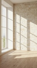 Fototapeta premium Sunlit Empty Room with Stone Wall, Large Window, and Light Wood Floor: Modern Interior Design