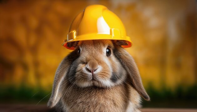 Easter Bunny in Construction Helmet Playful Whimsy Meets Modern Construction Scene Amidst Springs Vibrant Mood, Capturing a Unique Blend of Humor and Innovation.