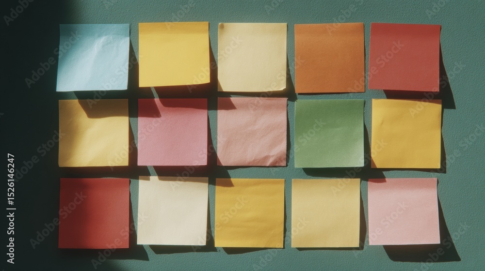 Aufkleber Colorful sticky note agenda grid arranged by priority for productivity and organization with modern minimalism and visual hierarchy on textured surface