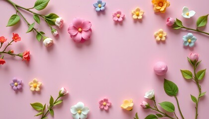 Colorful Flower Arrangement on Soft Pink Background