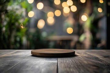Obraz premium Bokeh background with wooden serving board on rustic table in an indoor space filled with soft, warm light and greenery