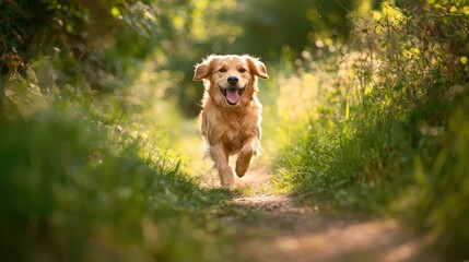 A golden retriever dog running through a lush green field with sunlight filtering through the trees.