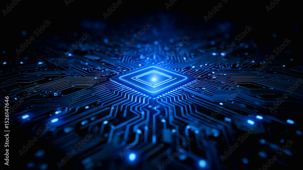 Poster a glowing blue microchip at the center of a complex, illuminated circuit board, representing advance