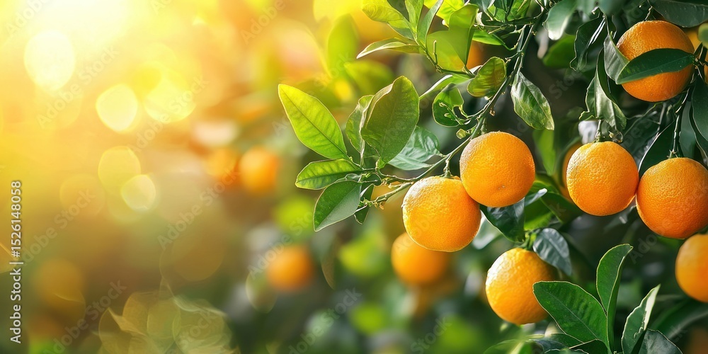 Poster oranges growing on a tree with a blurred background