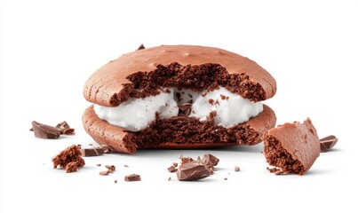 Chocolate sandwich cookie broken, cream filling, crumbs, white background, dessert food photography