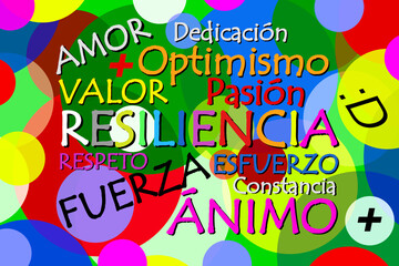 Letras de colores en palabras positivas y optimistas