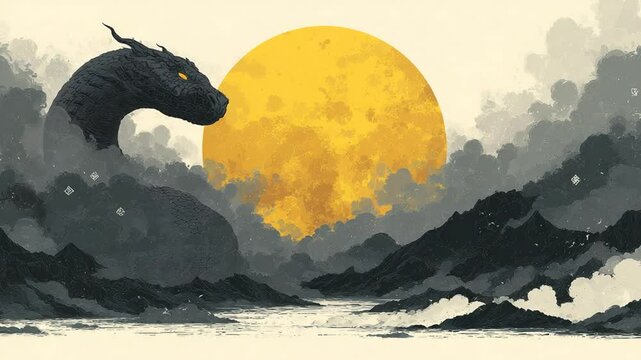 Mythical Dragon Ascending Over Misty Mountains Underneath a Golden Moon Background