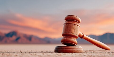 Clinical Trials Day Concept with Wooden Gavel on Block at Sunset - Ethical Regulation and Pharma Litigation for Spring Business and Earth Day Awareness