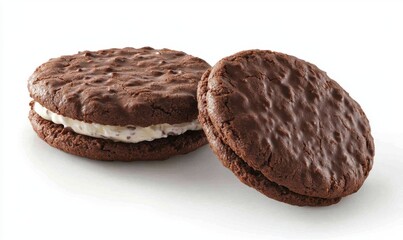 Chocolate sandwich cookies, cream filling, studio shot, white background, dessert food photography