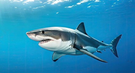 Fototapeta premium Powerful Great White Shark Underwater View Apex Predator Ocean Wildlife