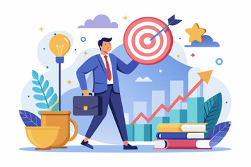 A flat vector illustration of five business people holding large golden stars, symbolizing teamwork, customer satisfaction,