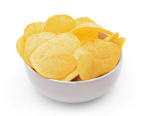 SMOOTH POTATO CHIPS IN A WHITE BOWL ON ISOLATED WHITE BACKGROUND