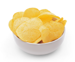 SMOOTH POTATO CHIPS IN A WHITE BOWL ON ISOLATED WHITE BACKGROUND