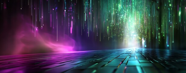 A vibrant digital landscape, showcasing colorful streams of light and data technology.