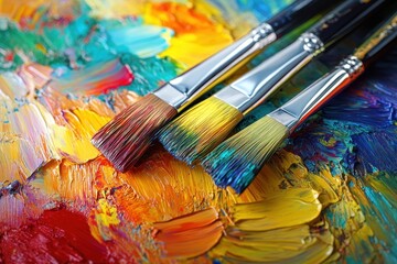 Fototapeta premium Vibrant paintbrushes create stunning colorful artwork on a textured palette in a bright studio during a creative afternoon session