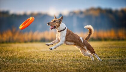 Energetic Dog Jumping to Catch a Bright Orange Toy against a Vibrant Backdrop of Green Park and Blue Skies, Showcasing Joyful Energy and Playful Spirit.