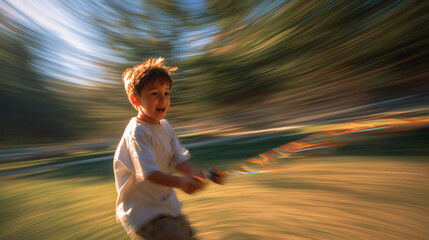 Happy Child Running Outdoors with Toy in Motion Blur Effect