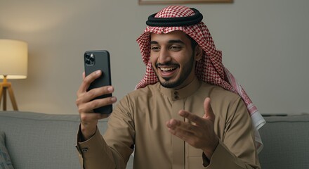 Joyful Arabian Man Video Chatting on Smartphone