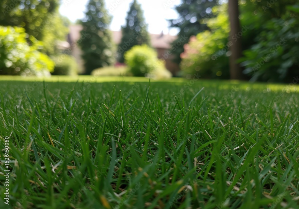 Poster close up view of green grass lawn with trees and building in the background