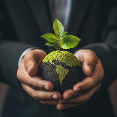 Hands cradling a vibrant green earth symbolize global environmental protection and sustainable growth