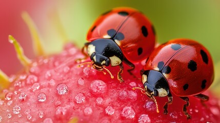 Fototapeta premium Two red ladybugs with black spots on a pink flower with water droplets.