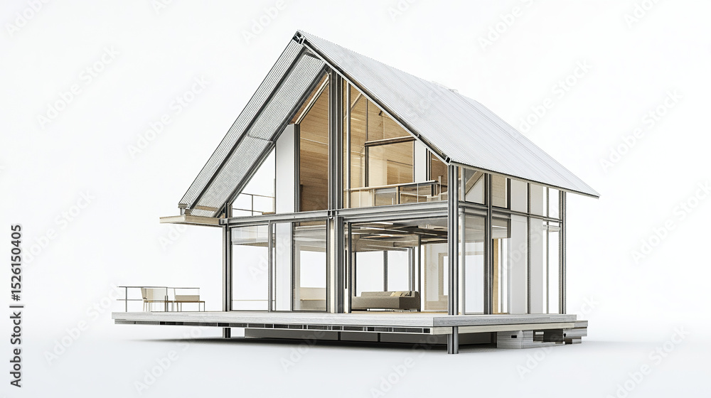 Poster modern steel frame house design with large glass windows and open spaces