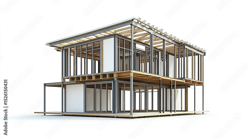 Poster modern steel frame house design with lightweight structure and open spaces