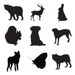 Animal Silhouettes Vector Set – Bear, Deer, Rabbit, Dog, Wolf, Squirrel, Butterfly in Adobe Illustrator Artwork