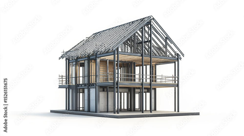 Poster modern steel frame house design with lightweight structure and open spaces