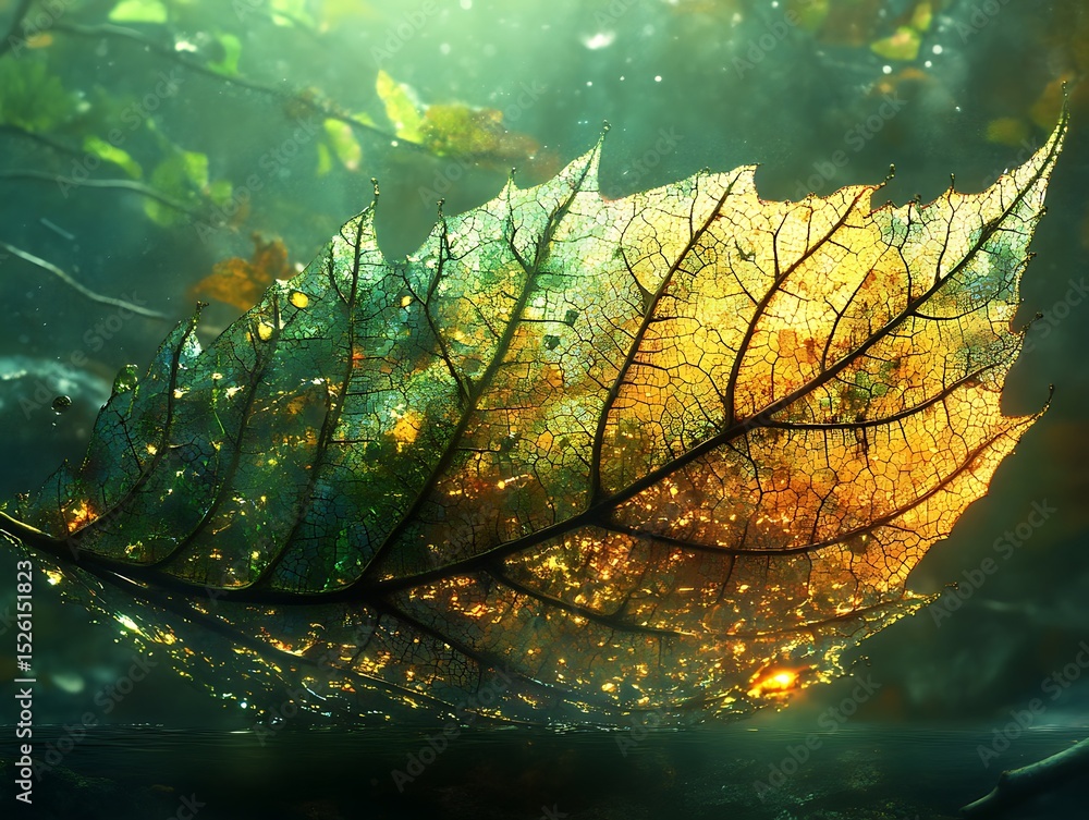 Poster translucent leaf resting in dappled light showcases intricate vein patterns