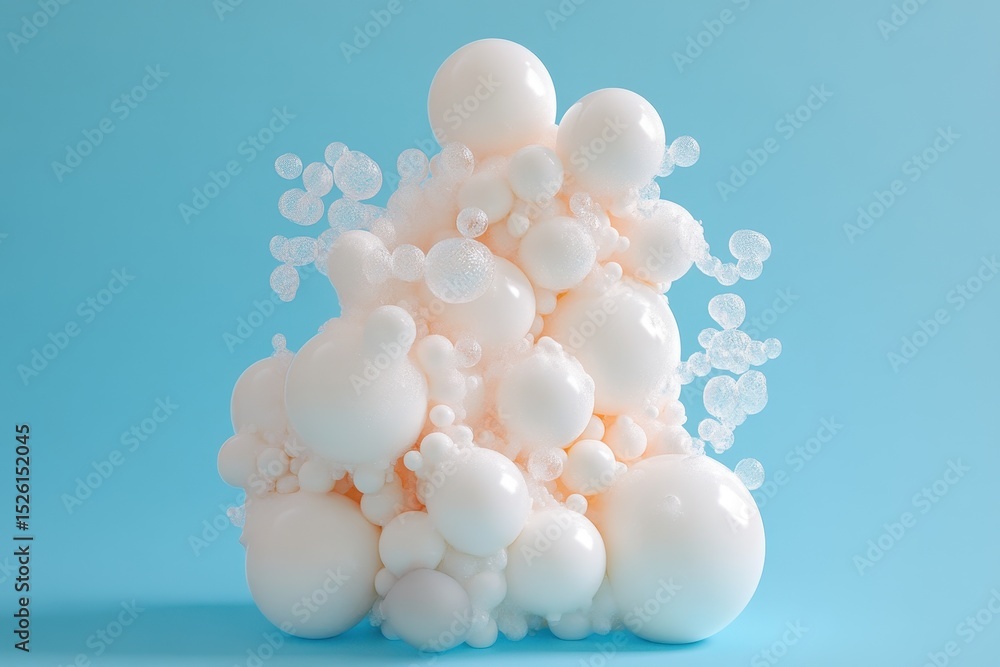 Poster bubbles create an artistic shape composition against a light blue background showcasing light reflec