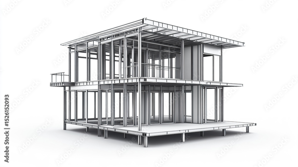 Poster modern steel frame house design showcasing lightweight structure and open spaces