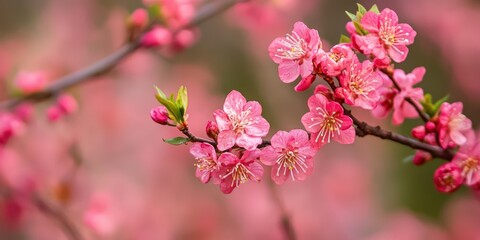 Obraz premium A pink and white peach tree in bloom, with delicate pink blossoms and green leaves against a blurred background.