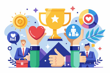 A flat vector illustration of five business people holding large golden stars, symbolizing teamwork, customer satisfaction, five-star ratings, and positive reviews. 