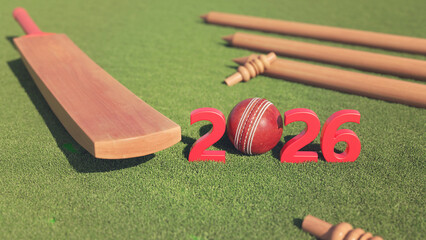 New Year 2026 Creative Design Concept with cricket game equipments - 3D Rendered Image