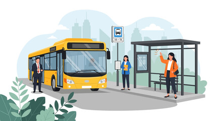 Dynamic flat vector illustration of a bus station: a yellow bus waiting as passengers stand under a shelter with route signs. Represents public urban transportation and city life © meeblues