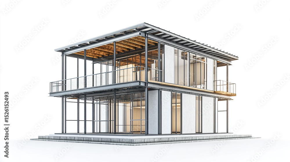 Poster modern steel frame house design with lightweight structure and open spaces